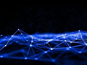 3D network communications design with connecting lines and dots